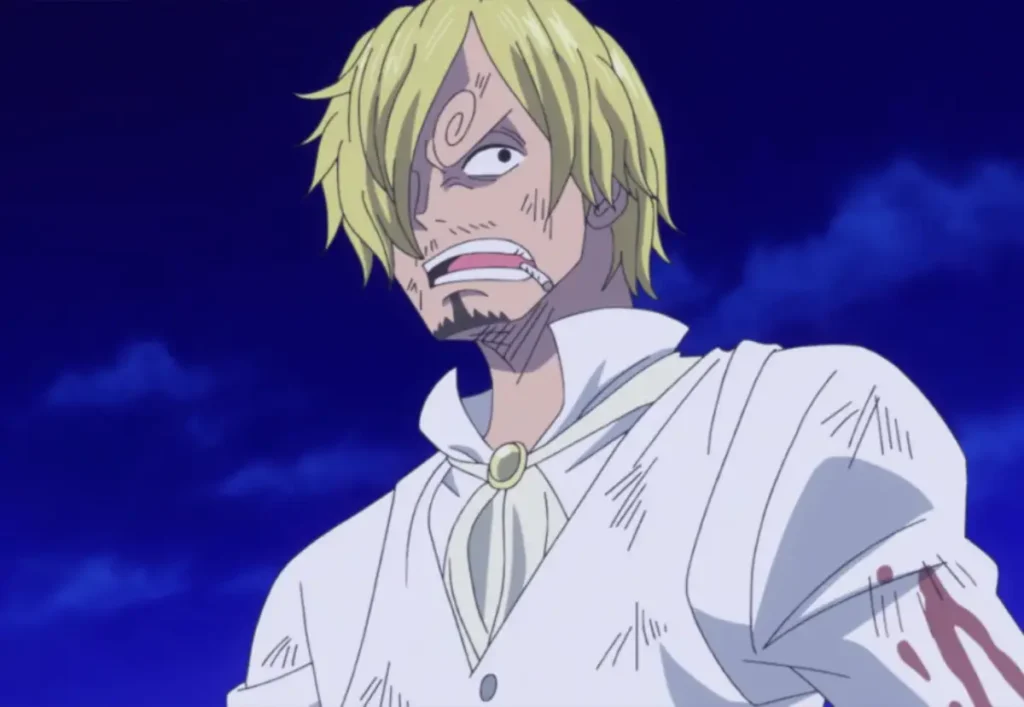 Sanji in white wedding suit from One Piece Whole Cake Island showing his emotional distress over family situation