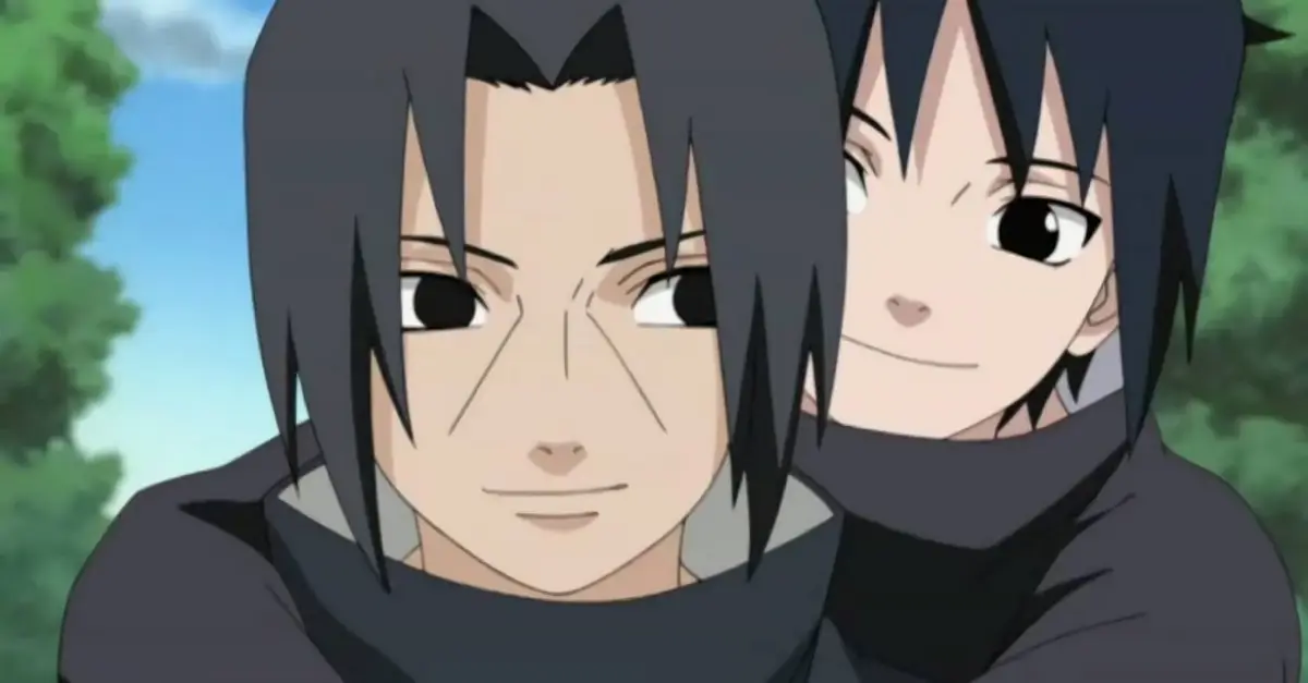 Sasuke smiling while riding on Itachi’s back, showing their bond before the Uchiha massacre.