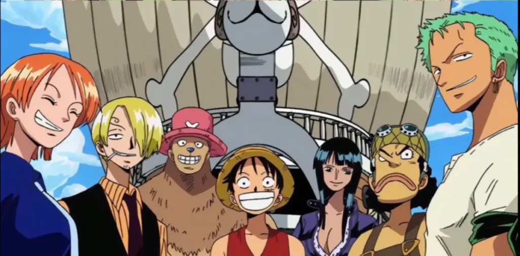 Straw Hat Pirates crew together on Going Merry ship in One Piece showing found family bonds