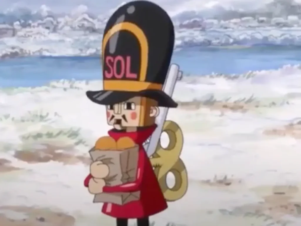 The Toy Soldier (Kyros) walking in Dressrosa with a bag of groceries and a wind-up key on his back, One Piece anime.