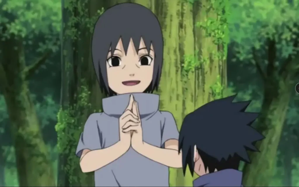 Young Sasuke smiling brightly, practicing hand signs in the forest.