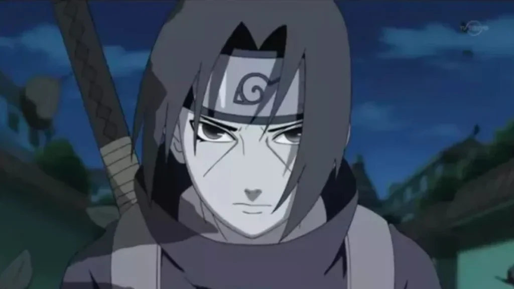 Itachi Uchiha walking through Konoha at night with a cold, determined expression before leaving the village — a moment that captures his silent pain and resolve in Naruto Shippuden.