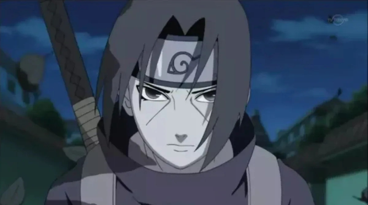 Itachi Uchiha walking through Konoha at night with a cold, determined expression before leaving the village — a moment that captures his silent pain and resolve in Naruto Shippuden.