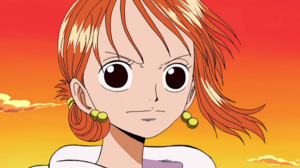 Nami staring ahead with determination against an orange sunset background, moments before asking Luffy for help in the Arlong Park arc of One Piece.