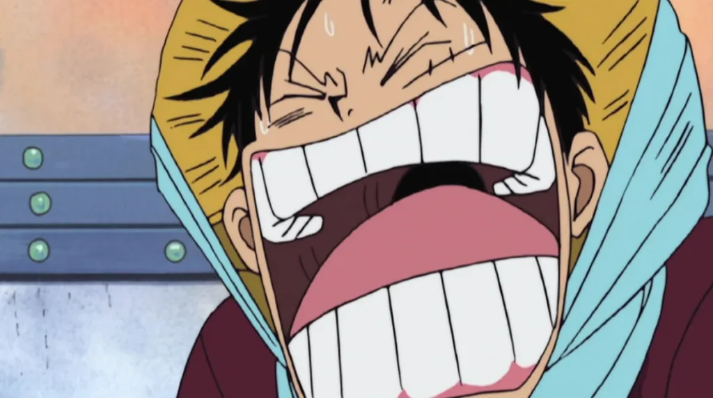 Monkey D. Luffy screaming with exaggerated emotion, his mouth wide open and tears forming — a classic over-the-top reaction from One Piece blending comedy and desperation.