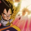 Vegeta smirking fiercely while launching a powerful energy blast during his battle on Planet Namek in Dragon Ball Z, showcasing his unyielding Saiyan pride.