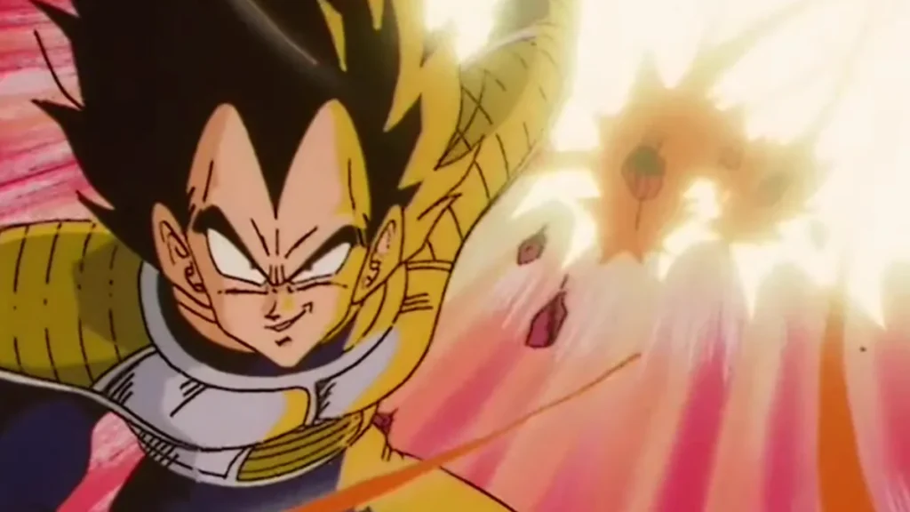 Vegeta smirking fiercely while launching a powerful energy blast during his battle on Planet Namek in Dragon Ball Z, showcasing his unyielding Saiyan pride.
