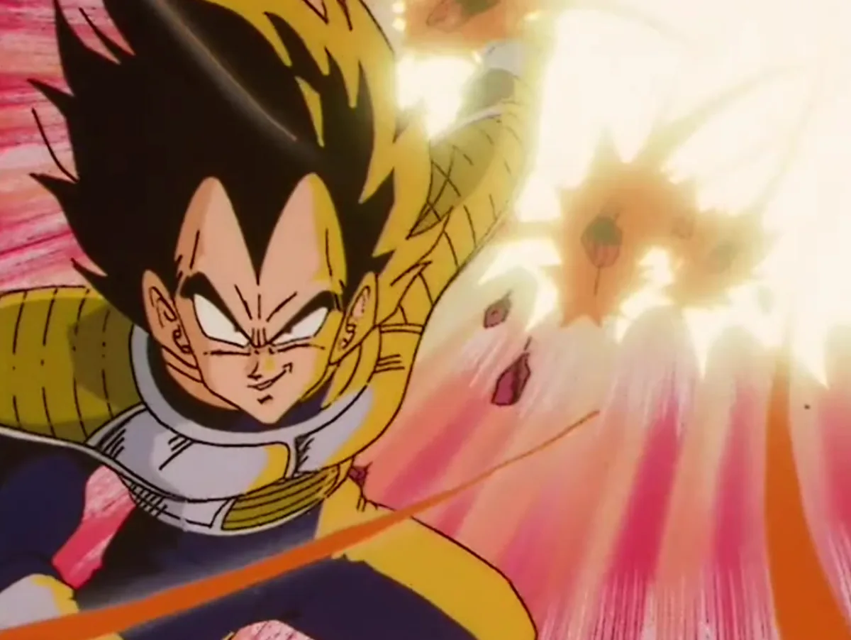 Vegeta smirking fiercely while launching a powerful energy blast during his battle on Planet Namek in Dragon Ball Z, showcasing his unyielding Saiyan pride.
