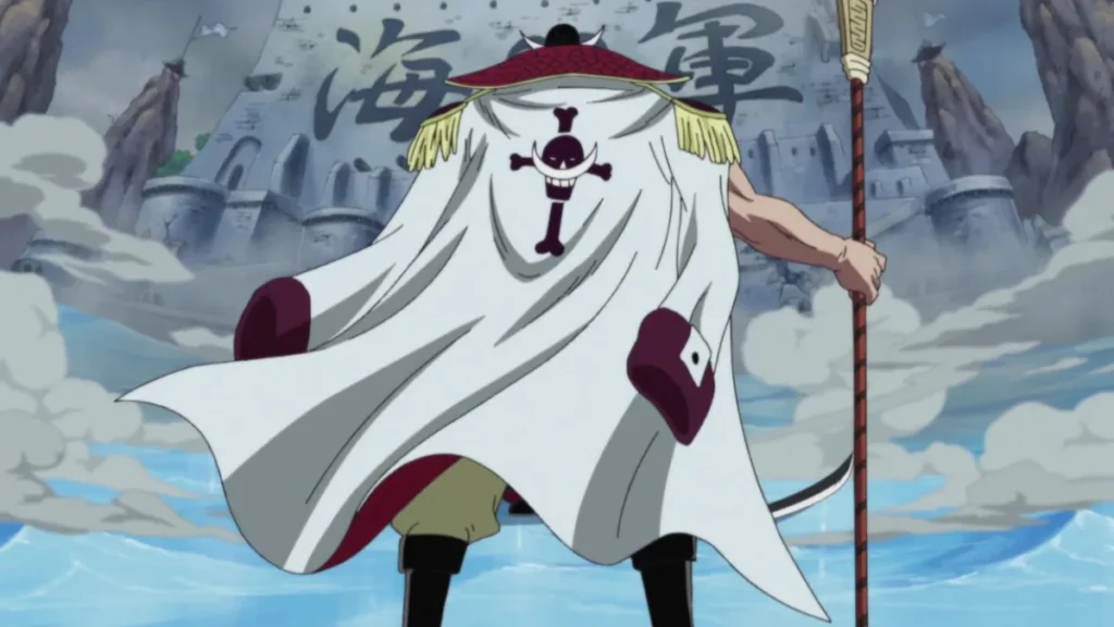 Whitebeard standing tall before Marineford with his bisento in hand and his pirate emblem cape flowing, moments before his legendary final battle in One Piece.