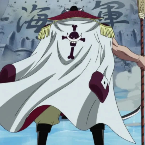 Whitebeard standing tall before Marineford with his bisento in hand and his pirate emblem cape flowing, moments before his legendary final battle in One Piece.