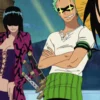 Zoro, Robin, and Luffy from One Piece wearing flashy sunglasses and striking confident poses aboard the Thousand Sunny, showing their playful bond during a lighthearted moment in the series.
