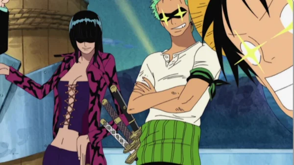 Zoro, Robin, and Luffy from One Piece wearing flashy sunglasses and striking confident poses aboard the Thousand Sunny, showing their playful bond during a lighthearted moment in the series.